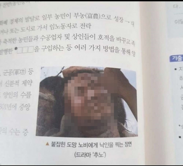 교학사 한국사교과서에 실린 고(故) 노무현 전 대통령을 조롱하는 사진. 교학사는 편집자의 단순한 실수였다며 배포된 교재를 전량 수거해 폐기하고 유족에 사죄하겠다고 밝혔다.