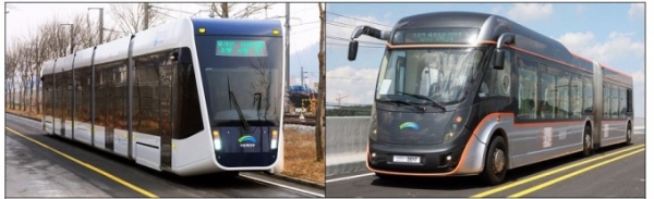 친환경 저비용 교통수단인 무가선 노면전차, Tram(좌) 간선급행버스, BRT(우)